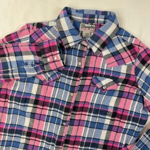 Wrangler Shirt Women's Large Flannel Pink Blue Plaid Pearl Snap Long Sleeve